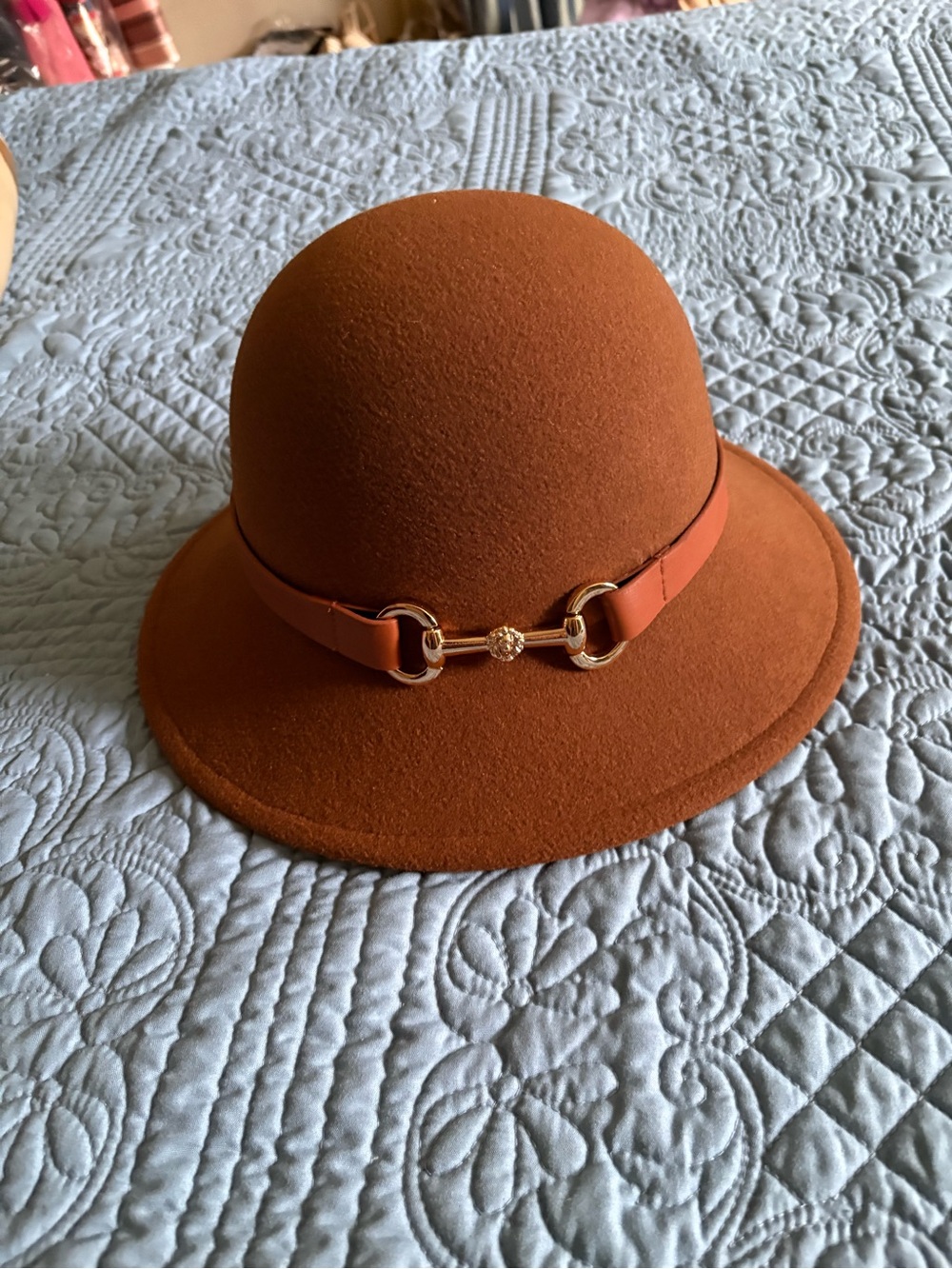 Anne Klein Burnt Orange Felt Cloche Hat with Gold Bit